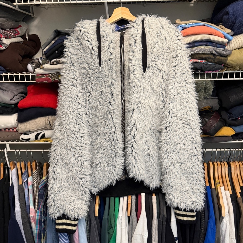 Free People Zip Hoodie Women's XS/S Gray Shaggy Faux Furry Paisley Bomber Jacket